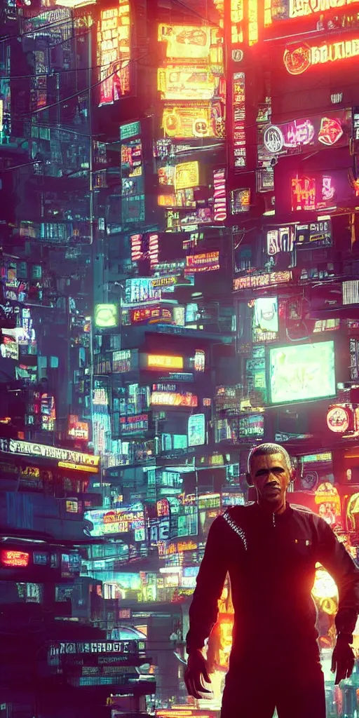 Image similar to “beautiful up close photo of Obama staring toward camera while sitting in the streets of night city’s corpo plaza, cyberpunk 2077”