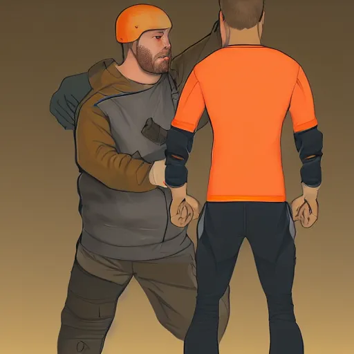 Prompt: goose being zipped - up by man in orange shirt, artstation