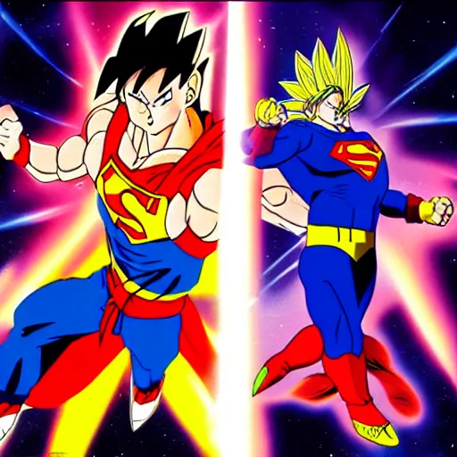 Image similar to 3 5 mm photo of goku fighting with superman on space as background, on an very epic cinematic