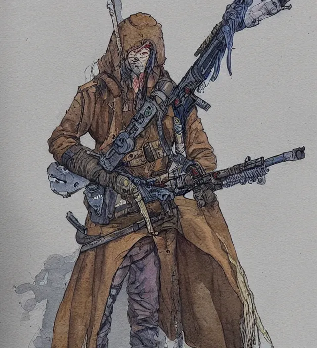 Prompt: a watercolor ink painting of an post - apocalyptic elven sniper in the style of jean giraud in the style of moebius trending on artstation deviantart pinterest detailed realistic hd 8 k high resolution