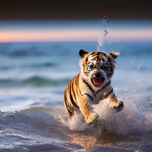 Image similar to a closeup photorealistic photograph of a cute smiling tiger bichon puppy splashing in the surf during sunset. professional capture, well lit shot. this 4 k hd image is trending on artstation, featured on behance, well - rendered, extra crisp, features intricate detail, epic composition and the style of unreal engine.