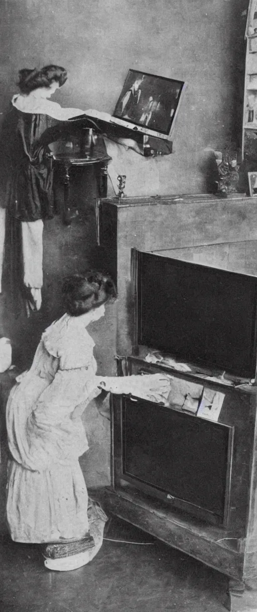 Image similar to 1 9 0 0 s photo of a person watching a flat screen hd tv