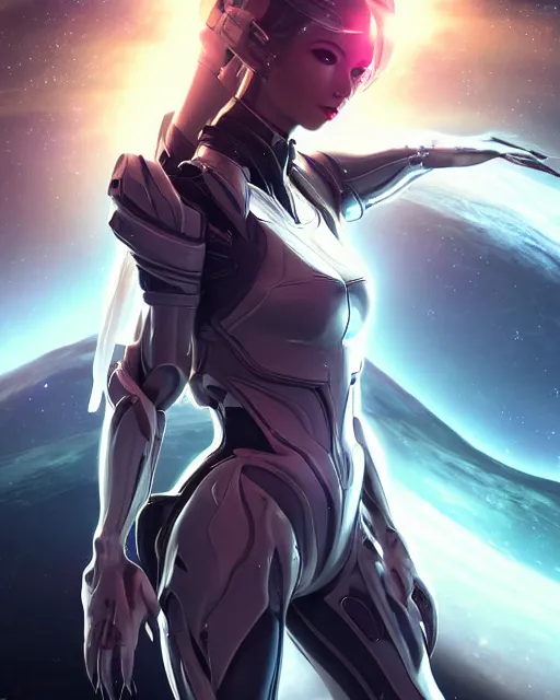 Image similar to perfect android girl on a mothership, warframe armor, beautiful face, scifi, futuristic, galaxy, nebula, raytracing, dreamy, long white hair, blue cyborg eyes, sharp focus, cinematic lighting, highly detailed, artstation, divine, by gauthier leblanc, kazuya takahashi, huifeng huang