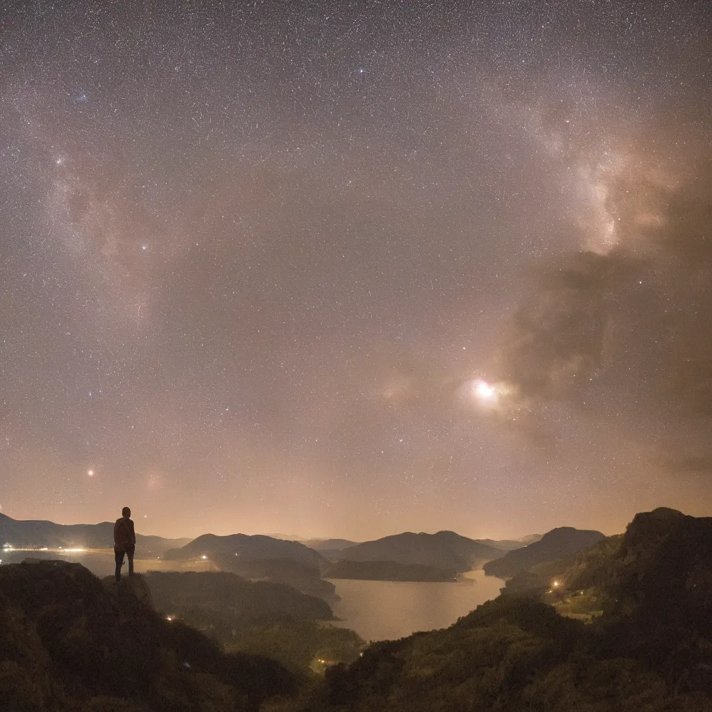 Image similar to twenty year old man with brown hair, with his hands in his pockets, looking over a cliff at a beautiful landscape of rivers and mountains as a meteor shower happens overhead