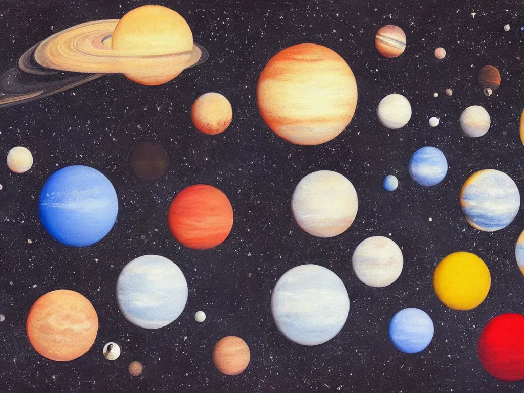 Prompt: A beautiful painting of five planets by Gioele Muscolino and, There are only five planets that are black, white, yellow, red, and blue, behind the galaxy and the universe, Trending on artstation, starry sky