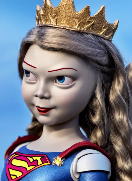 Image similar to closeup face profile portrait of a tin toy greta thunberg as supergirl as a fairytale princess wearing a crown, bikini, depth of field, zeiss lens, detailed, fashion photoshoot, by nicoletta ceccoli, mark ryden, lostfish, breathtaking, 8 k resolution, extremely detailed, beautiful, establishing shot, artistic, hyperrealistic, octane render