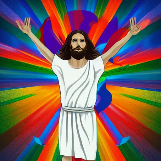 Image similar to Jesus wear a rainbow t-shirt and walks on water, front view, Fullbody, realistic, Photograph, 4k