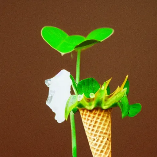 Image similar to A venus flytrap plant, licking an ice cream cone