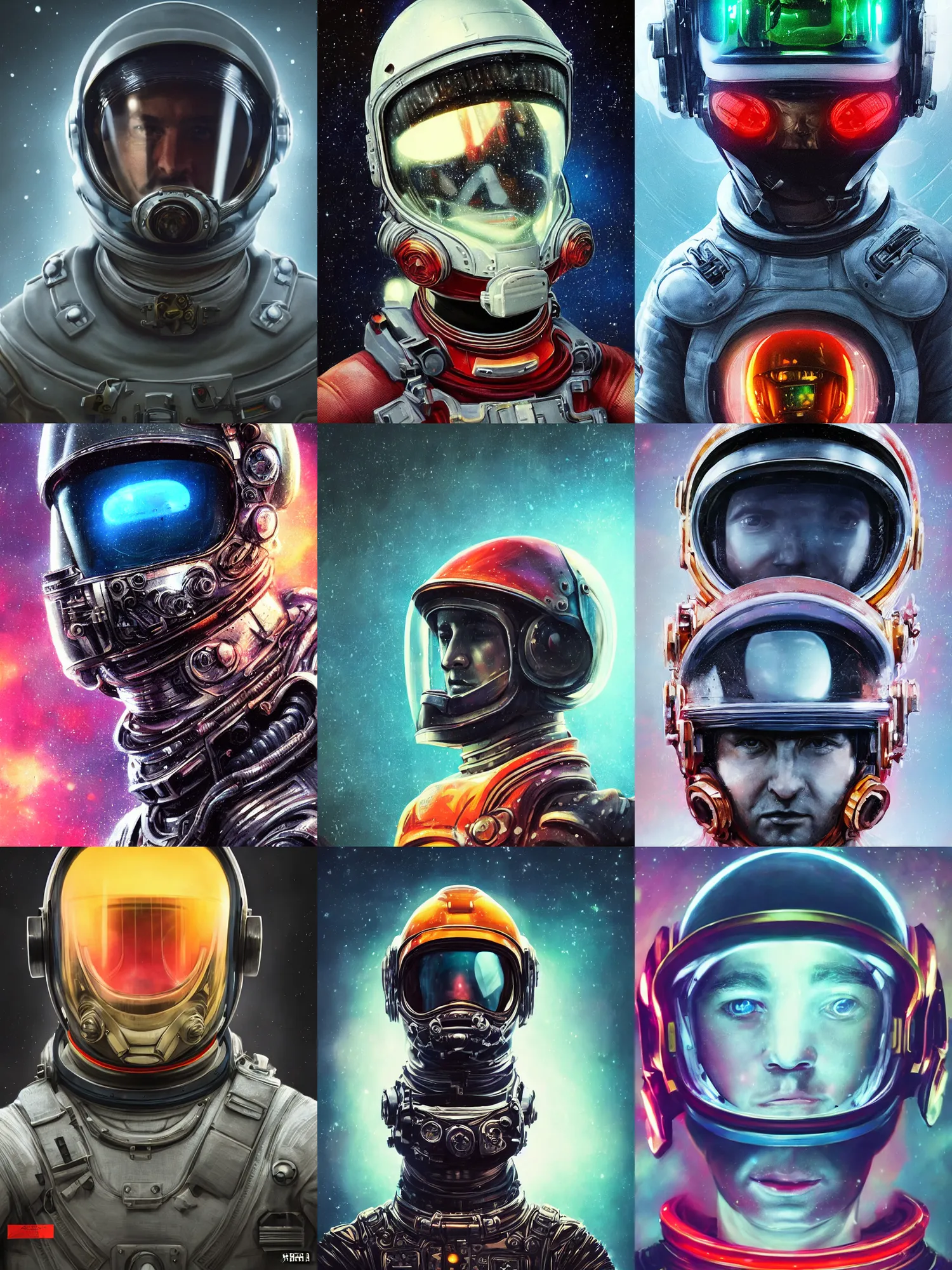 Prompt: portrait art of 8k ultra realistic retro futuristic soviet cosmonaut, helmet visor open, glow around helmet, deep space , detailed intricate ornate armour,blade runner, cybernetic, full of colour, cinematic lighting, trending on artstation, 4k, hyperrealistic, focused, extreme details,unreal engine 5, cinematic, masterpiece, art by ayami kojima, giger