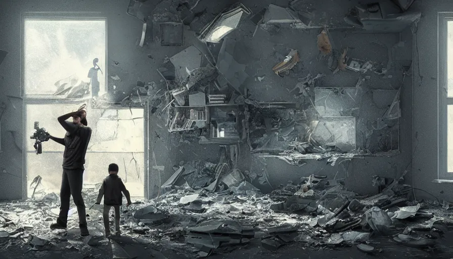 Image similar to man with his son exploring destroyed apartment with flashlight, cloudy night, debris, dust, hyperdetailed, artstation, cgsociety, 8 k