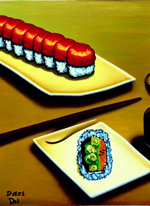 Image similar to dadaist, surrealist painting of disproportionate sushi