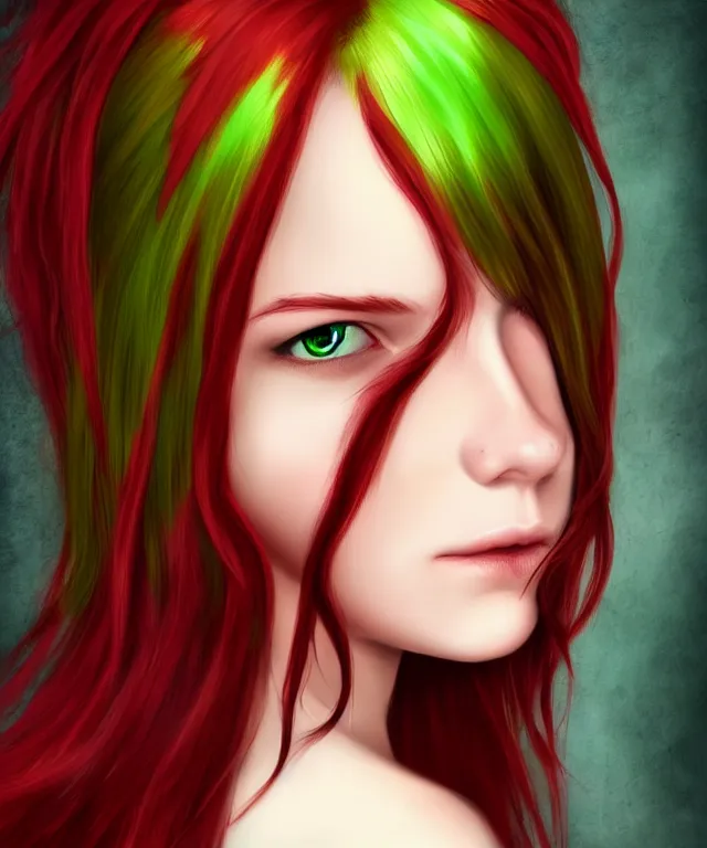 Image similar to Fae teenage girl, portrait, face, long red hair, green highlights, fantasy