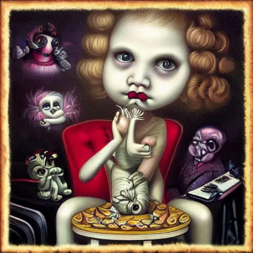 Image similar to 😄🎼🎹🎵, lowbrow surrealistic, in the style of Mark Ryden,