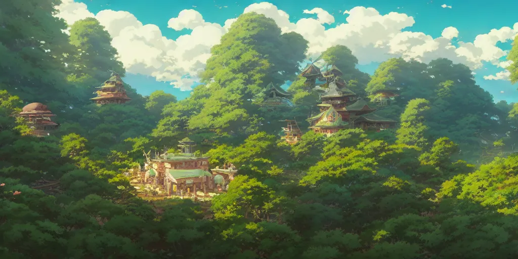 Image similar to highly detailed vfx panoramic landscape of studio ghibli, stephen bliss, unreal engine, greg rutkowski, loish, rhads, beeple, makoto shinkai and lois van baarle, ilya kuvshinov, rossdraws, tom bagshaw, alphonse mucha, global illumination, detailed and intricate environment