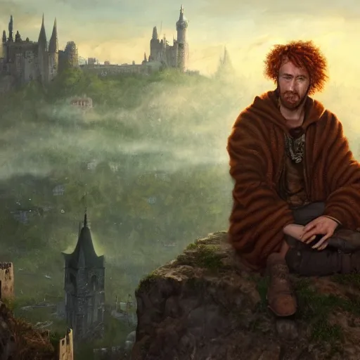 Prompt: a rugged man with curly red hair wearing a green cloak playing a guitar sitting on a roof top, medieval setting, entire city visible, zoomed out, atmospheric lighting, painted, intricate, volumetric lighting, beautiful, rich deep colours masterpiece, golden hour, digital art, by leesha hannigan, ross tran, thierry doizon, kai carpenter, ignacio fernandez rios