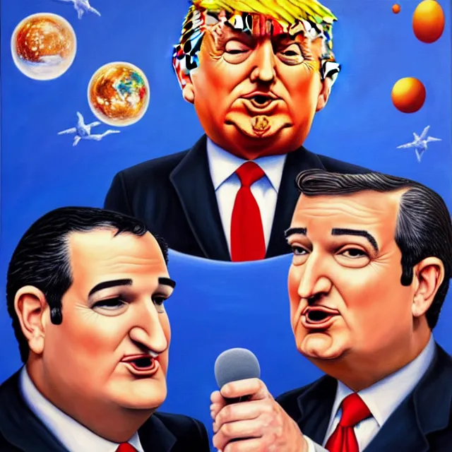 Prompt: an oil on canvas portrait painting of ted cruz and trump doing a speech about the republican party, surrealism, surrealist, cosmic horror, rob gonsalves, high detail