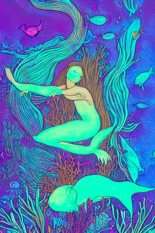 Image similar to beautiful mermaid swimming through bioluminescent algae coral reefs by małgorzata kmiec