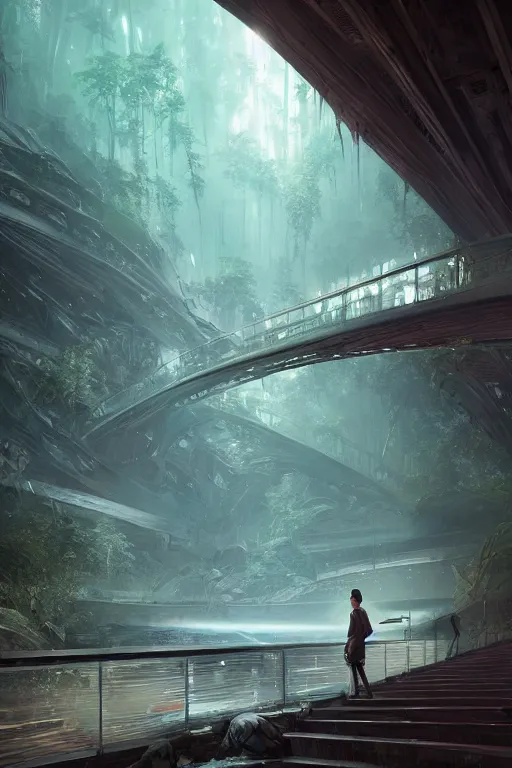 Prompt: magnificent clean and well-lit sci-fi facility by a river and forest, intricate, elegant, volumetric lighting, digital painting, highly detailed, artstation, sharp focus, happy mood, illustration, concept art, ruan jia, steve mccurry