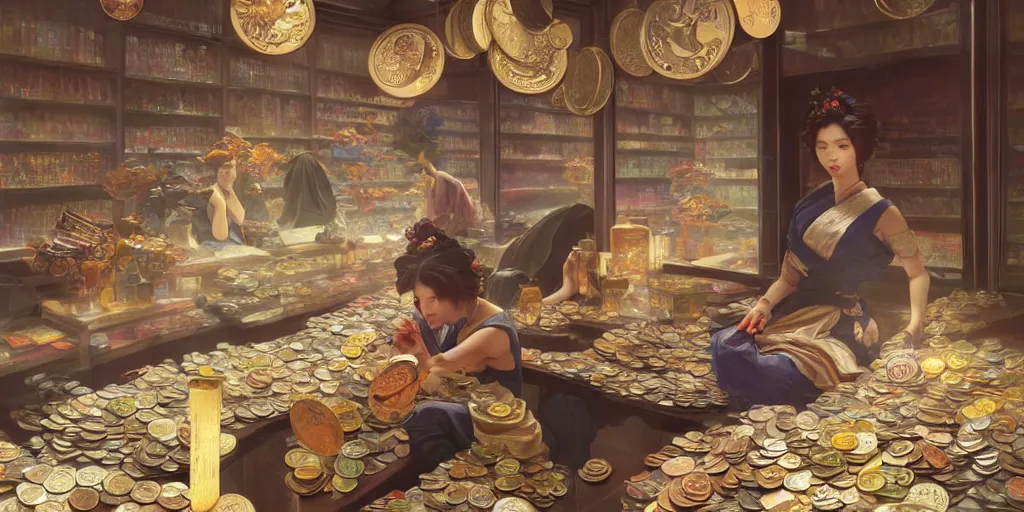 Image similar to modern coin shop with a lot of coins, 4 k, eastern tyle, geishas, octane, digital painting, artstation, concept art, sharp focus, illustration, art by artgerm and greg rutkowski and alphonse mucha