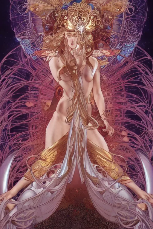 Image similar to the goddess of transcendence, by artgerm and yoshitaka amano and moebius and alphonse mucha, hyperdetailed, dc comics, ornate, nebula, explosions in the sky, trending on artstation