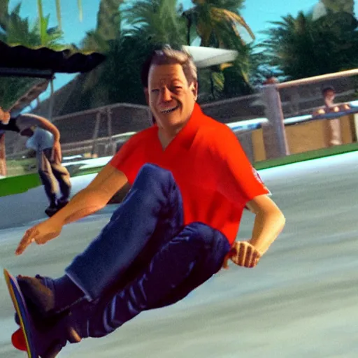 Prompt: michael portillo kick flips a skateboard, playstation 2 video game screenshot