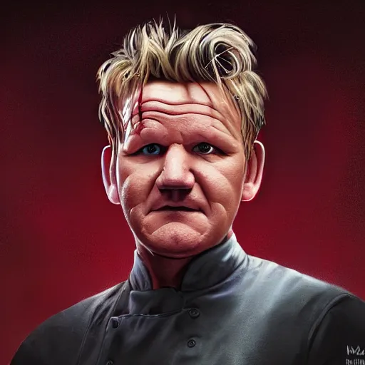 Image similar to photorealistic gordon ramsay in a hellscape by michael whelan. hyperdetailed photorealism, 1 0 8 megapixels, amazing depth, high resolution, 3 d shading, 3 d finalrender, 3 d cinematic lighting, glowing rich colors, psychedelic overtones, artstation concept art.