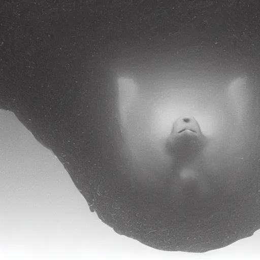 Image similar to a gigantic cyclope emerging from underwater, gazing to the darkened sky, old 3 5 mm, black and white, photorealistic