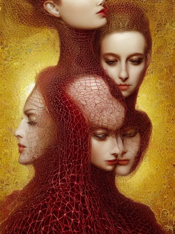 Prompt: a beautiful portrait render of two red veiled queen with symmetry intricate detailed ,heart,love,crystal-embellished,by Daveed Benito,LEdmund Leighton,peter gric,aaron horkey,Billelis,trending on pinterest,rococo,hyperreal,gold,silver,ivory,maximalist,glittering,golden ratio,cinematic lighting