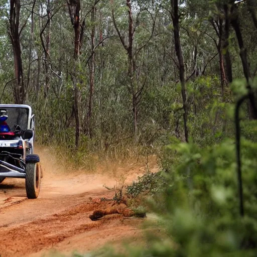 Image similar to an off road buggy drives towards the viewer along a forest dirt track. the vegetation is sparse scrub. the driver is male and smiling. the buggy has an open frame build with mounted search lights. the sky is cloudy and dust is being thrown up by the buggy's wheels