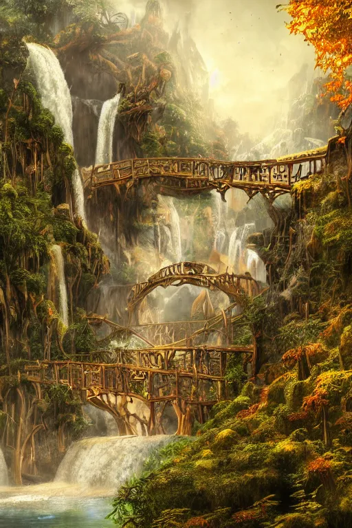 Image similar to wooden elven City with golden roofs, arches and bridges on top of a WATERFALL in the fall, gnarly trees, lush vegetation, forrest, a small stream runs beneath the waterfall, landscape, raphael lacoste, eddie mendoza, alex ross, john howe, concept art, matte painting, highly detailed, rule of thirds, dynamic lighting, cinematic, detailed, denoised, centerd, clean render