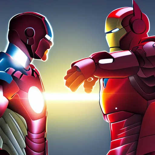 Image similar to ironman and batman having a fist fight, digital art