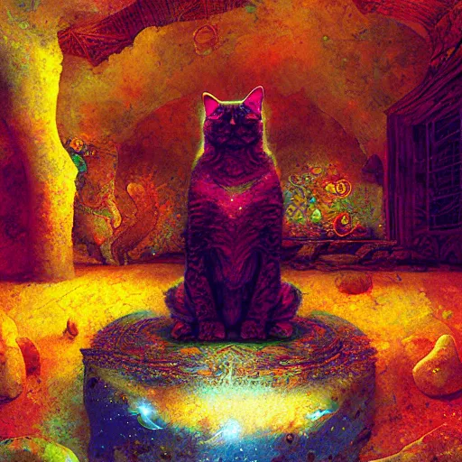 Prompt: a cat attains transcendence through meditation, psychedelic, by Marc simonetti