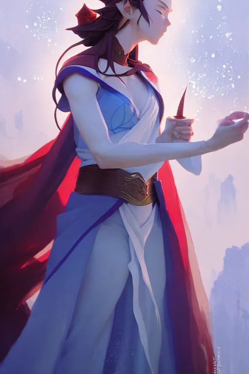 Image similar to elf female sorcerer doing water magic spells, blue robes, red hair, finely detailed perfect face, exquisite details, mid view, design on a white background, by studio muti, greg rutkowski makoto shinkai takashi takeuchi studio ghibli