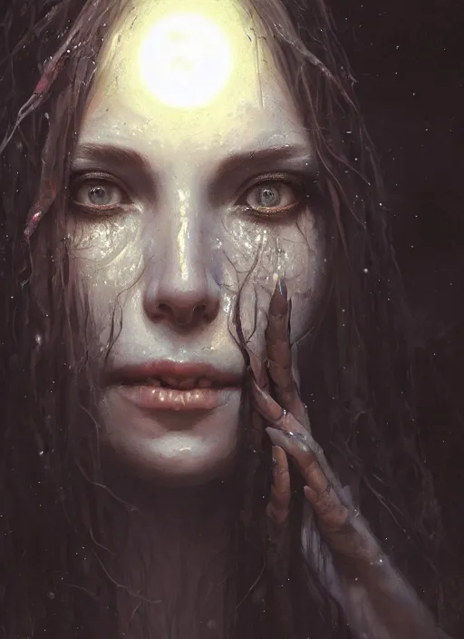 Image similar to close - up face portrait of a beautiful skinny woman crying as witch in front of the full big moon in a fantasy forest, by james gurney, greg rutkowski, highly detailed digital art, artstation