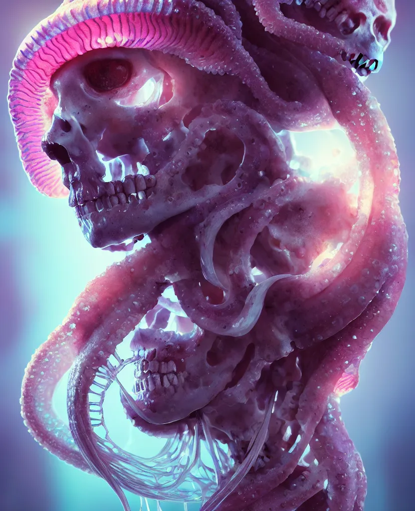 Image similar to goddess close - up portrait human skeleton, ram skull, squid phoenix jellyfish, orchid, betta fish, bioluminiscent, intricate artwork by tooth wu and wlop and beeple. octane render, trending on artstation, greg rutkowski very coherent symmetrical artwork. cinematic, hyper realism, high detail, octane render, 8 k