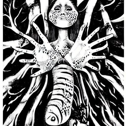 Prompt: black and white illustration creative design, fish, junji ito, body horror