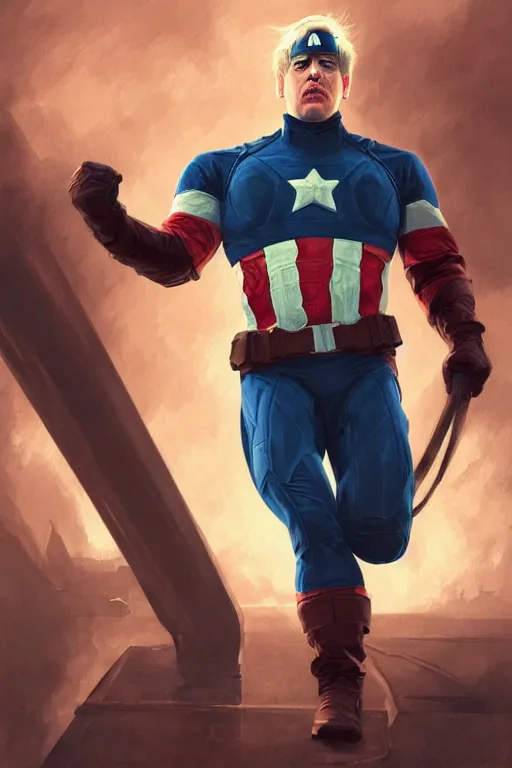 Image similar to Boris Johnson as Captain America, realistic portrait, symmetrical, highly detailed, digital painting, artstation, concept art, smooth, sharp focus, illustration, cinematic lighting, art by artgerm and greg rutkowski and alphonse mucha