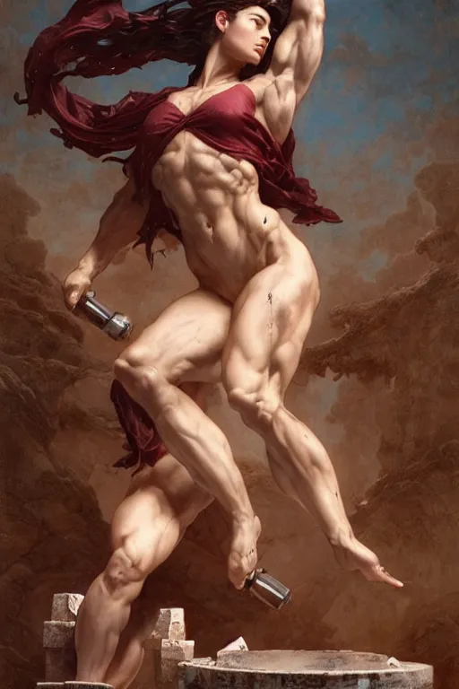 Image similar to muscular greek goddess, with her foot on top of a pile of dumbbells covered in blood - in the style of greg rutkowski, by Gustave Doré, by Marco Turini, by Artgerm, Deviantart in the style of Tom Bagshaw, Cedric Peyravernay, Peter Mohrbacher by William-Adolphe Bouguereau,4k,