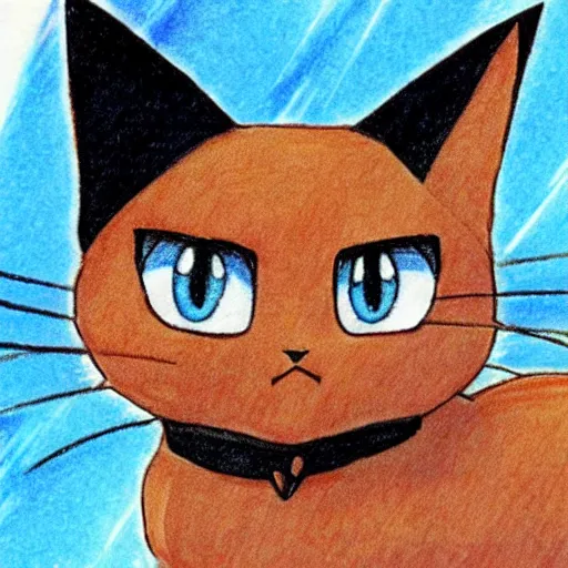 Image similar to an anime drawing of a light tan cat with blue eyes and black feet, drawn in 1 9 9 8, for pokemon red and blue.