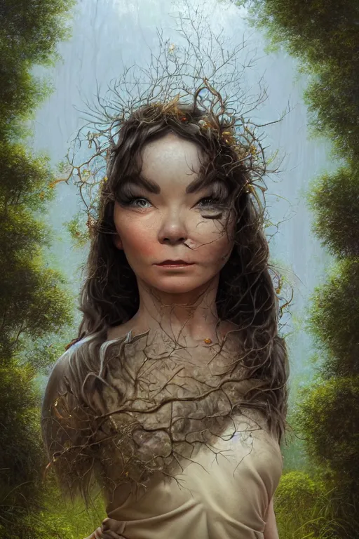 Image similar to beautiful bjork portrait by hubert robert and lee madgwick and roger dean and jacek yerka, dan mumford and alex grey style, soft lighting, 4 k hd wallpaper illustration concept joy atmospheric lighting