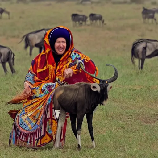 Prompt: a babushka playing drums while sitting on a wildebeest