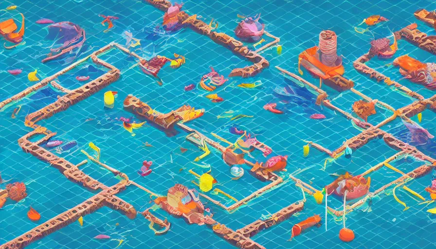 Image similar to busy isometric underwater city, digital art, neat, matte colours, isometric coral