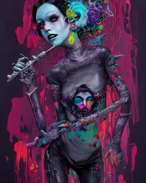 Prompt: dark queen of chaos, mixed media, a brutalist designed, vivid colours, cryptic, mystical, pop surrealism by james jean, roby dwi antono, ross tran, steven kenny, paul neberra, ashley wood, glitch, atmospheric, trending on artstation, b, 8 k masterpiece.
