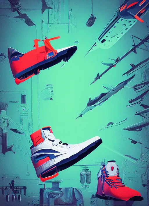 Image similar to “wide shot of sneakers that has details of plane and mechanics in texture with futuristic colorful background, cinematic lighting, light fog, backlit, digital art, trending on Artstation”