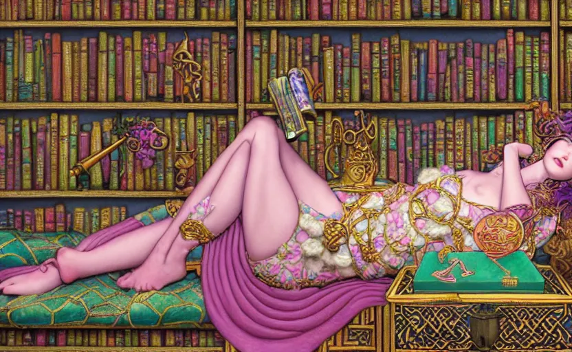 Image similar to a detailed fantasy pastel portrait of a woman wizard in ornate clothing lounging on a purpur pillow on the marble floor in front of her bookcase in a room, reading an ancient tome. to the side is a potted plant. ancient retrofuturistic setting. 4 k key art. raytracing, by chie yoshii and yoshitaka amano.