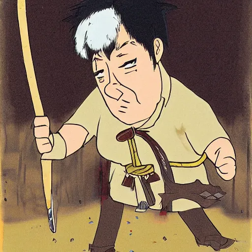 Prompt: portrait of a drunken man wielding an axe by hayao miyazaki