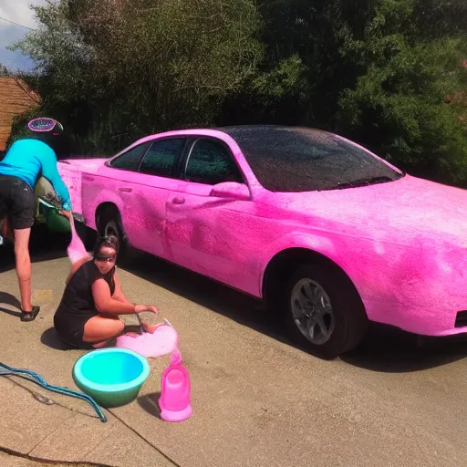 Prompt: pink furry washing cars while eating soap psychedelic style