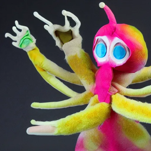 Image similar to a humanoid stop motion rosy maple moth squid hybrid puppet designed by tim burton