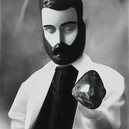 Image similar to a faceless man with a crystal rock as a head and face wearing a lab coat, vintage photography, realistic, 3 5 mm, polaroid, photograph