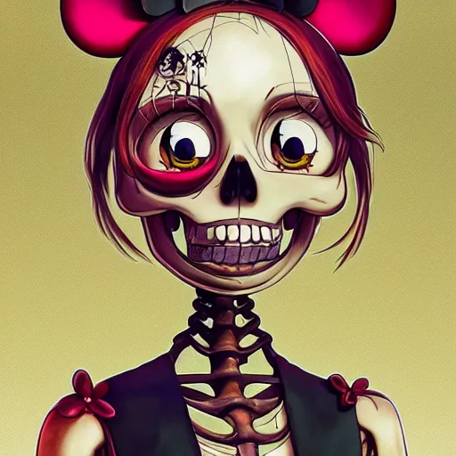 Image similar to manga fine details portrait of joyful skull girl skeleton, minnie mouse, bokeh. anime masterpiece by Studio Ghibli. 8k render, sharp high quality anime illustration in style of Ghibli, artstation